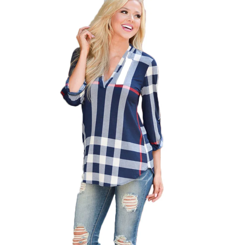 

Women Tops Blouse 2019 Women Shirts Autumn Fashion Plaid Print V-neck Cropped Sleeves Boho Clothing Streetwear Women Clothes