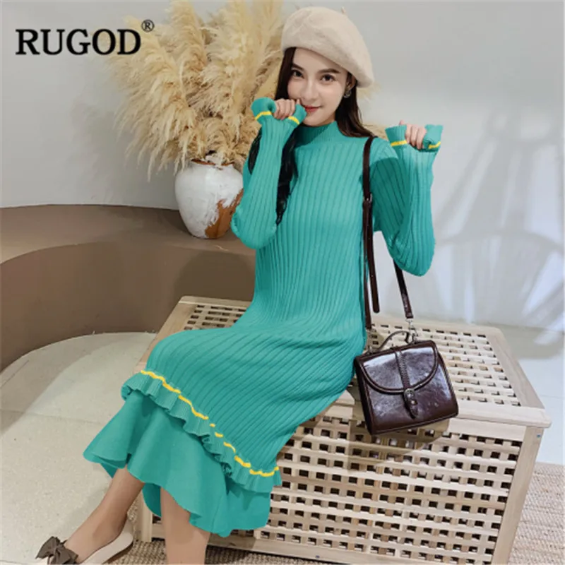 

RUGOD Korean elegant knitted dress women Winter spring Turtleneck solid long sleeve dress vestidos Ruffle hem ankle-length dress
