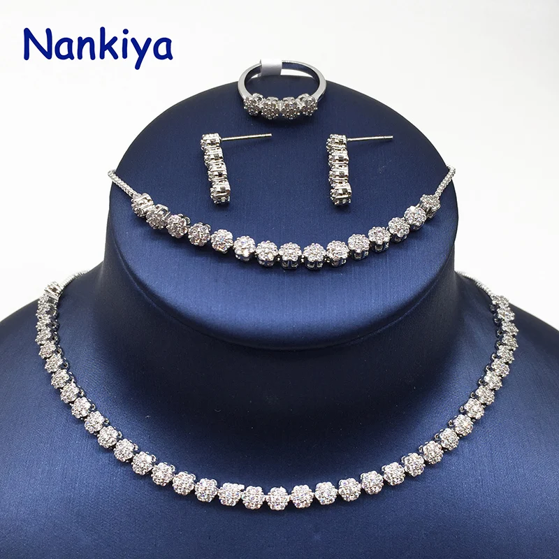 Nankiya Classic Micro Paved Cubic Zirconia Adjustable Choker Jewelry Set Necklace Bracelet Earring For Women Sliver G NC451 | Украшения и