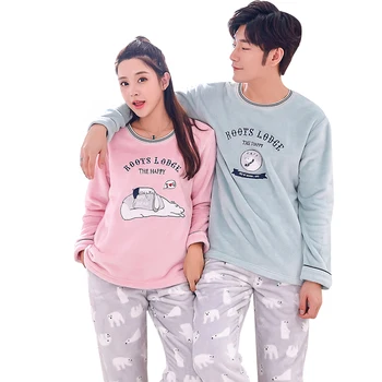 

BZEL Cartoon Unisex Look Pajamas Flannel Long-sleeved Sleepwear Couples Pajamas For Men Female Pyjamas His-and-hers Clothes 2PCS