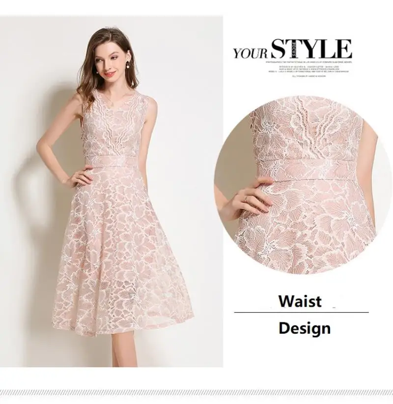 2018 Summer Lace Dress Work Casual Slim Work Women Party Dresses V-neck Sexy Hollow Out A-line Vintage Vestidos