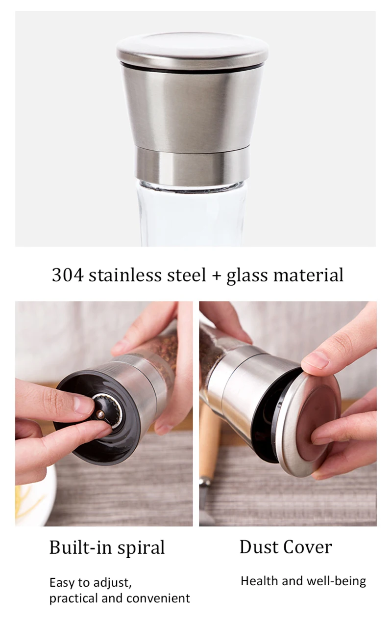 TUUTH Manual Stainless Steel Salt Pepper Grinder Spice Glass Bottle Spice Mill Kitchen Gadget Tool A4