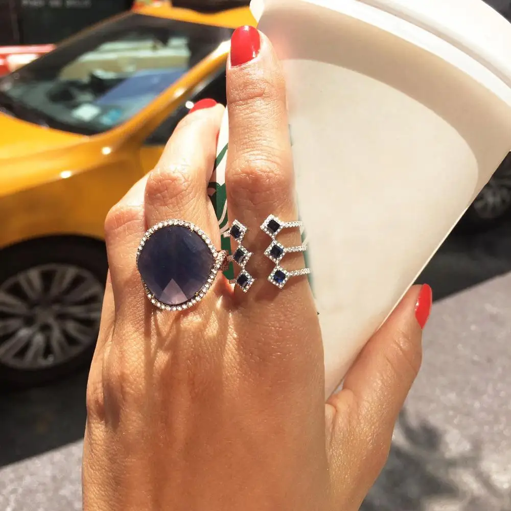 

Open adjust free size women finger rings silver color blue green red geometric long ring