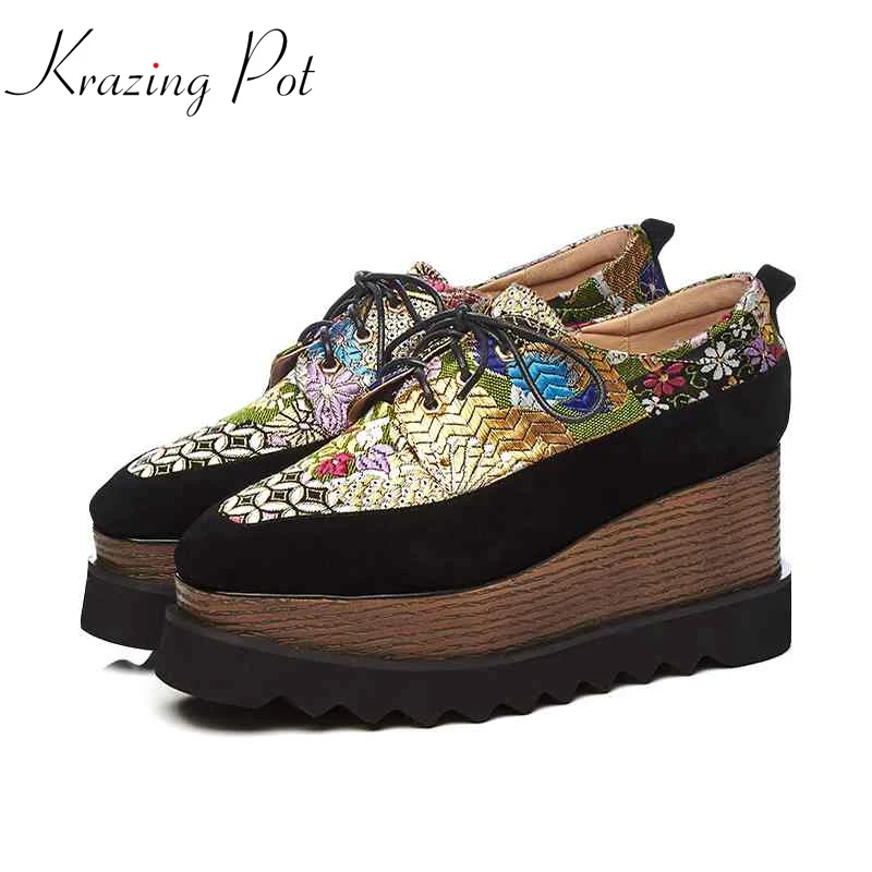 

Krazing Pot 2018 high street fashion brand shoes sheep suede silk wedges high heel embroidery luxury summer platform shoes L18