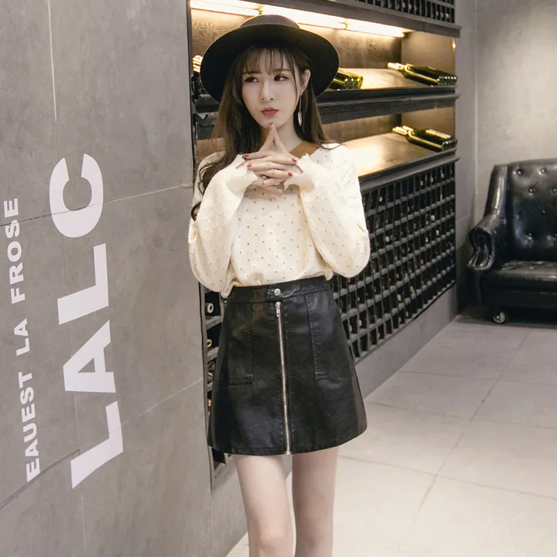 

Autumn Winter Women Skirt PU Leather Sexy Mini Skirt With Pockets Zipper A-line Package Hip High Waist Women Clothing