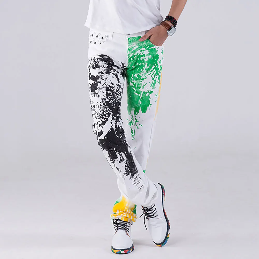 2019 fashion stylish cool mens pants jeans with print graffiti painted denim slim fit white jeans men hip hop rock street wear