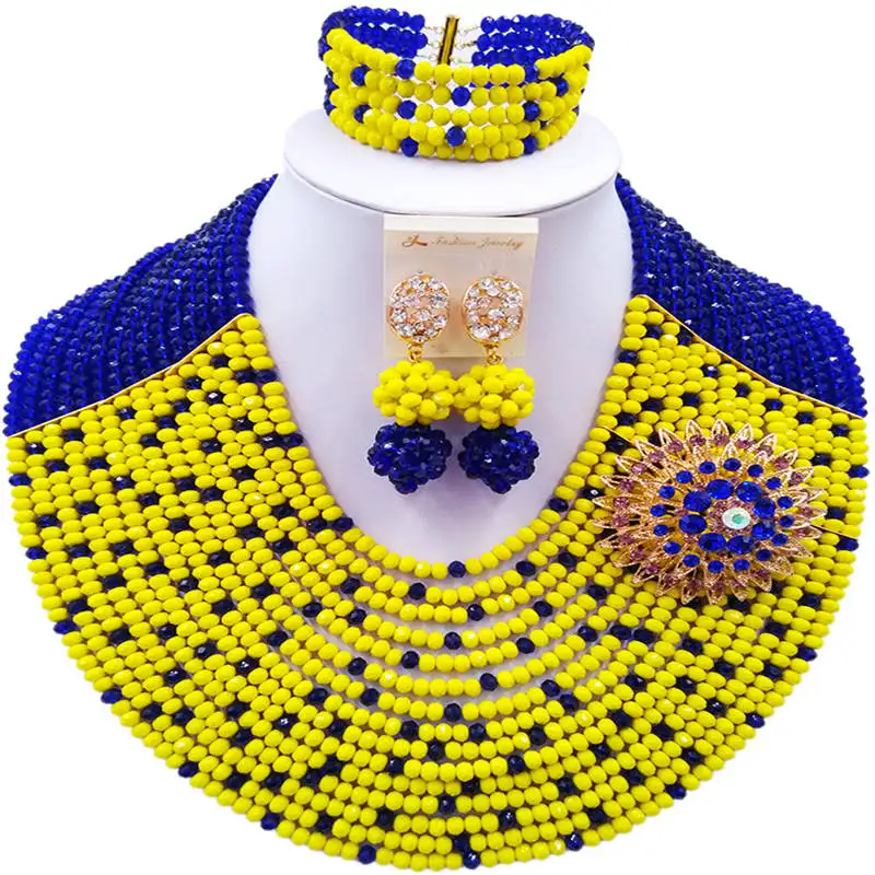 ACZUV Royal Blue and Yellow Beaded Jewelry Set Nigerian Wedding African