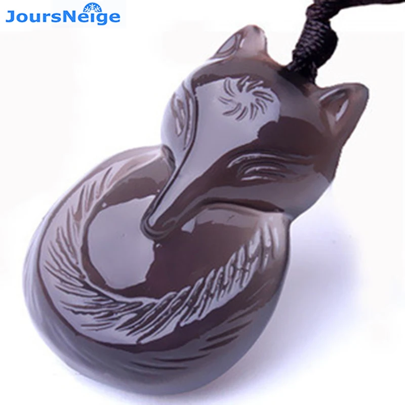 Fine Ice Color Natural Obsidian Stone Necklace Fox Pendant Evil Spirits Lucky for Women Men Obsidian Fashion Jewelry JoursNeige