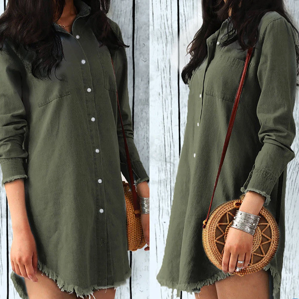 Sexy Women Loose Button Pocket Long Sleeve Blouse Dress Mini Asymmetrical Tassel Hem Shirt Dress Top Plus Size Casual Streetwear 4
