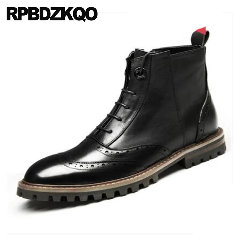 

Genuine Leather Mens Zipper Dress Boots Brogue Chunky Oxford Luxury High Top Ankle Wingtip Booties Black Shoes Full Grain Formal