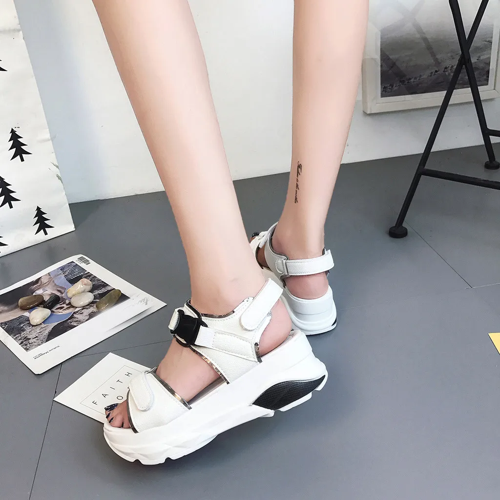 

Women's Fashion Casual Summer Sport Sandals Thick Platform Med Heel Shoes College style buckled Hook & Loop Sandals Sneakers