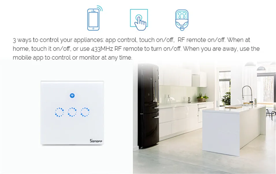2---ITEAD Sonoff T1 US EU UK Smart WiFi RF  APP  Touch Control Wall Light Switch 1 2 3 Gang Wall Touch Switch Panel Smart Home