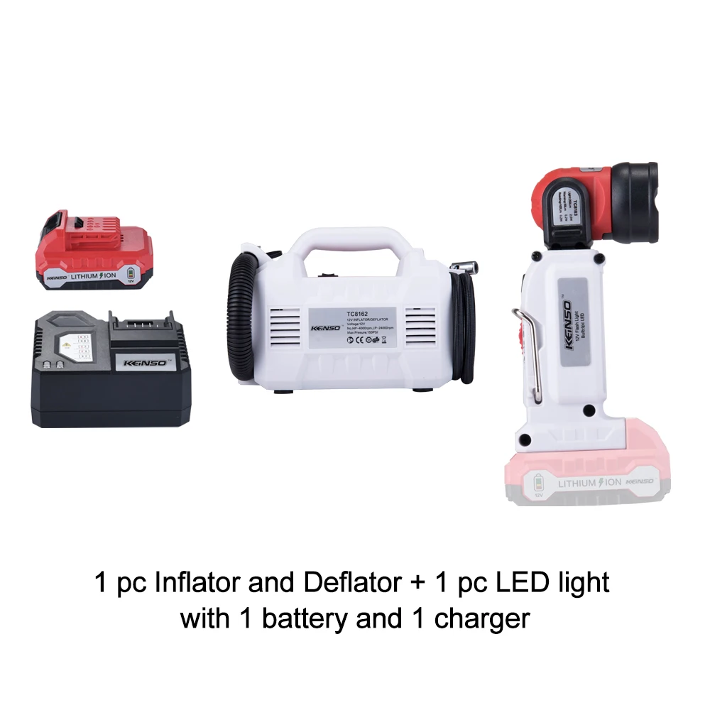 

Keinso 12V power tools set Inflator and deflator and LED light with one lithium battery and one charger