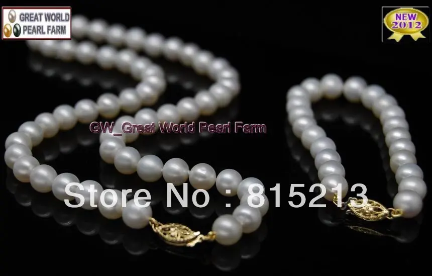 

ddh032 GW Natural AAA+ 8-9mm White pearl Set necklaces&bracelets 100% 14K YG