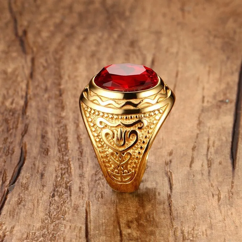 Elegant Round Bishop Mens Rings In Floral Design With Red Stone Ring for Men Stainless Steel Gold Tone Retro Jewelry Accessories