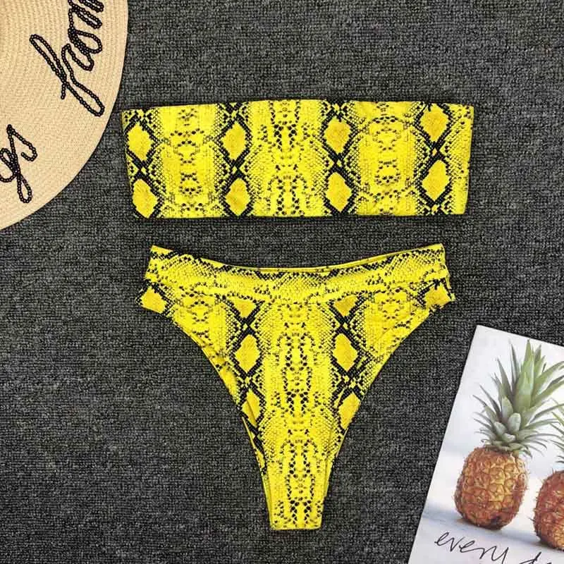 2019 nuevo Bikini de cintura alta conjunto amarillo Bandeau traje de baño Sexy estampado Tanga Bikini mujer traje de baño dos piezas bañador traje