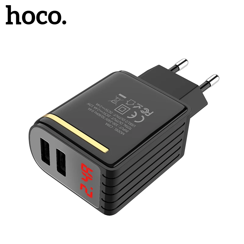 

HOCO 5V 2.4A USB Charger For iPhone XS XR iPad EU Plug Wall Charger Adapter LED Display Mobile Phone Charger for Samsung Android