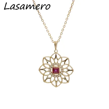 شراءقلادات ياقوت طبيعية 0.16CT من LASAMERO للأميرة مزخرفة بحجر الروز عيار 18 قيراط سلسلة قلادة هالو الرومانسية من الذهب الوردي