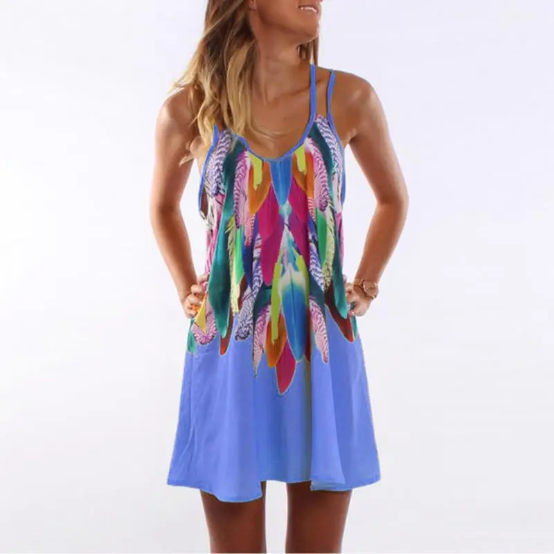 

Summer Causal Beach Dress Chiffon Feather Printed Boho Style Sleeveless Spaghetti Strap Dress For Vacation Plus Size WS804X
