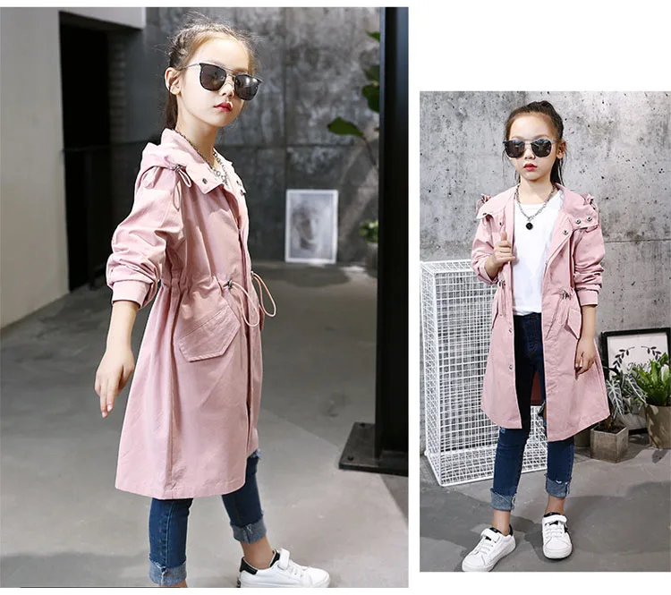 2 colors hooded long jackets for girls outerwear & coats clothing children long sleeve pockets kids trench coat autumn 2017 tops 4 5 6 7 8 9 10 11 12 13 14 15 16 Years old little big girls pink khaki long hooded coats clothes (6)