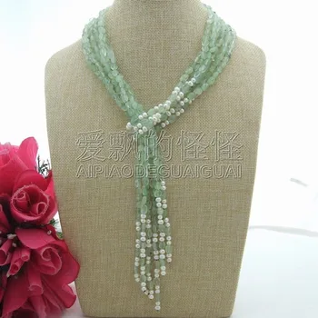 

N052201 50" Long 3 Strand Natural Green Stone White Pearl Necklace