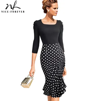 

Nice-forever Retro Polka dots Mermaid Dresses Business Party Bodycon Sheath Women Dress B467