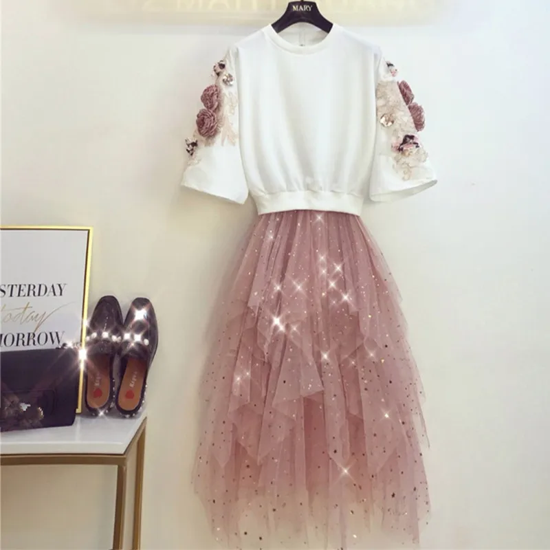 

JSXDHK Summer Women Embroidery 3D Floral Appliques WhiteTops +Sequined Irregular Ruffles Mesh Pink Cake Skirts Sets Clothes Suit
