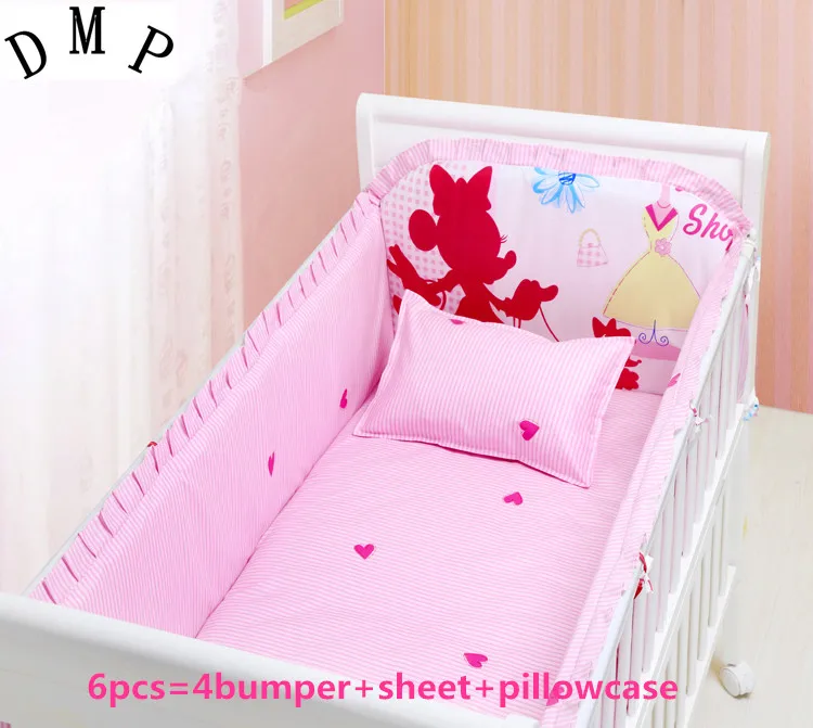 

Promotion! 6PCS Cartoon Baby Bed 100% cotton printed cartoon crib bedding sets,(4bumper+sheet)