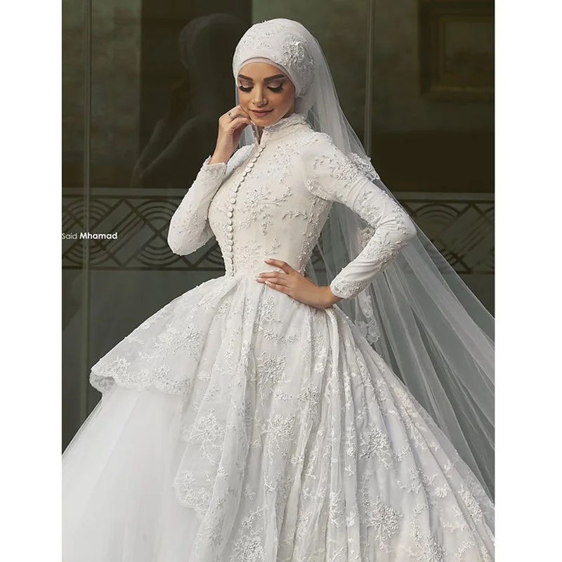 2017 Gorgeous Ball Gown High Collar Muslim font b Hijab b font Bridal Wedding Dress Lace