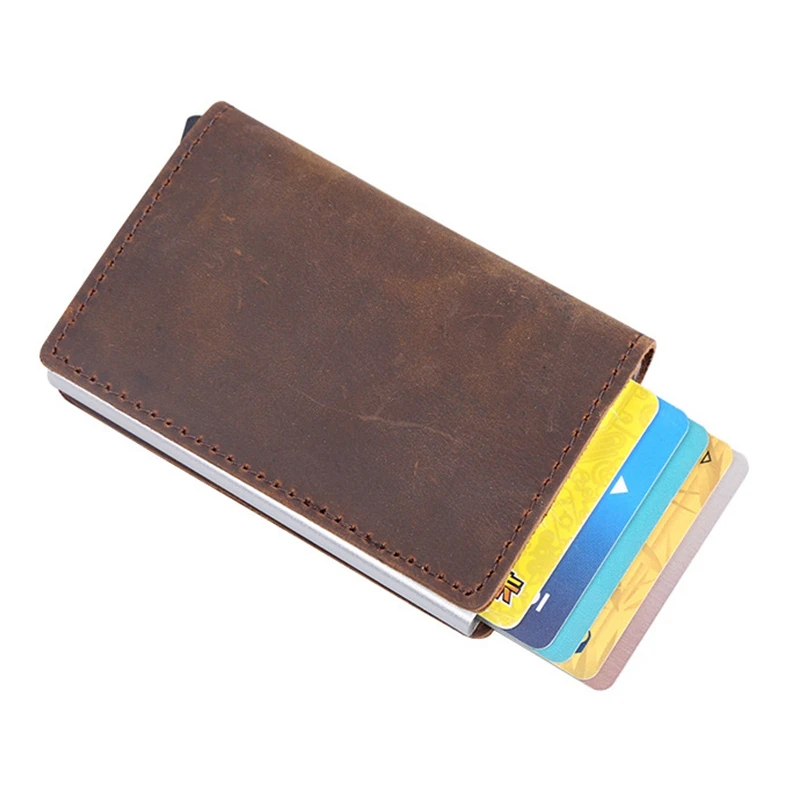 

Men Wallet Automatic Credit card holder 100%Crazy Horse Genuine Leather Aluminum RFID Wallet Pocket ID Card Blocking Mini purse