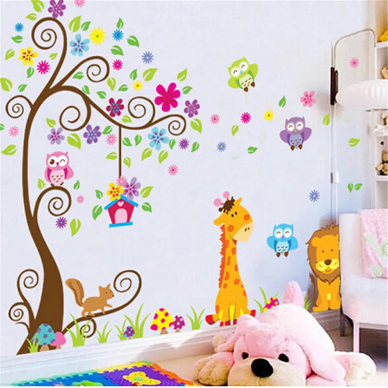 Hot Sales For Playpens Baby Owl Lions Tree WallStickers Removable Cartoon Children Rooms Decor Kids Baby's Playpen