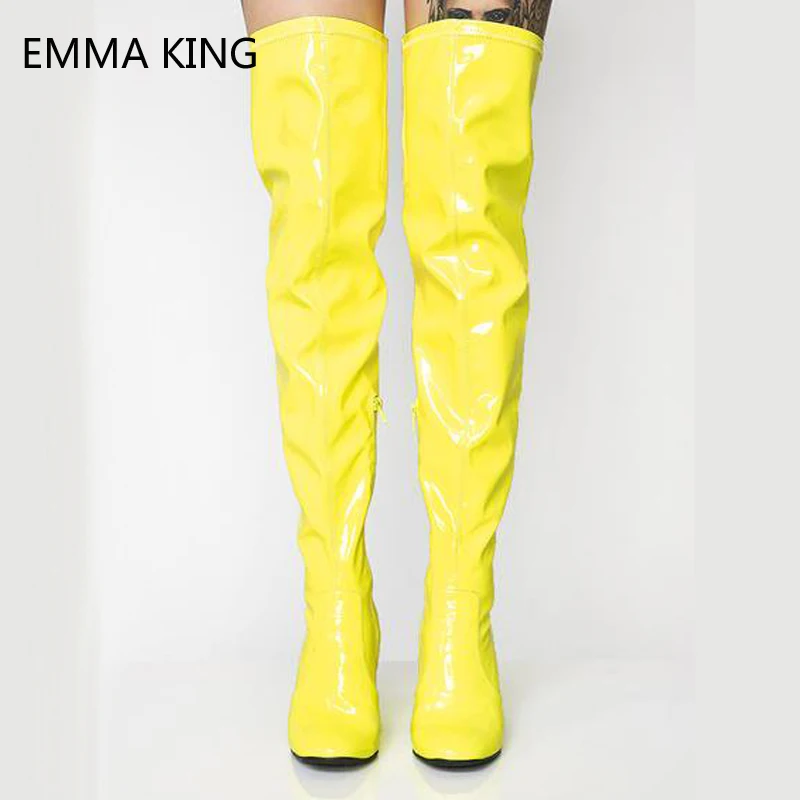 

Winter Shoes Woman High Heels Thick Heel Over The Knee Boots Leather Stretch Thigh Slim Yellow Green Fashion Ladies Long Boots