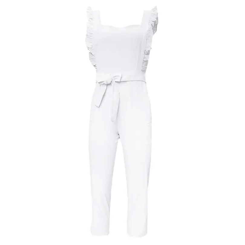 New Women's Summer Fashion Casual Linen Shirred Frill Sleeves Pockets Jumpsuit Ladies Belted Summer Holiday #4A25 (16)