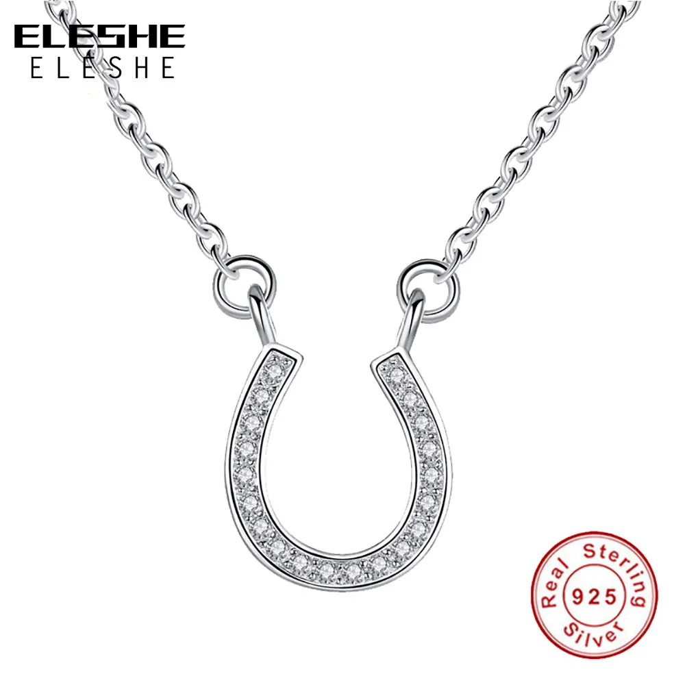 ELESHE 2019 New Fashion 925 Sterling Silver Link Chain Necklace Crystal U Shape Hook Pendant Necklace for Women Vintage Jewelry