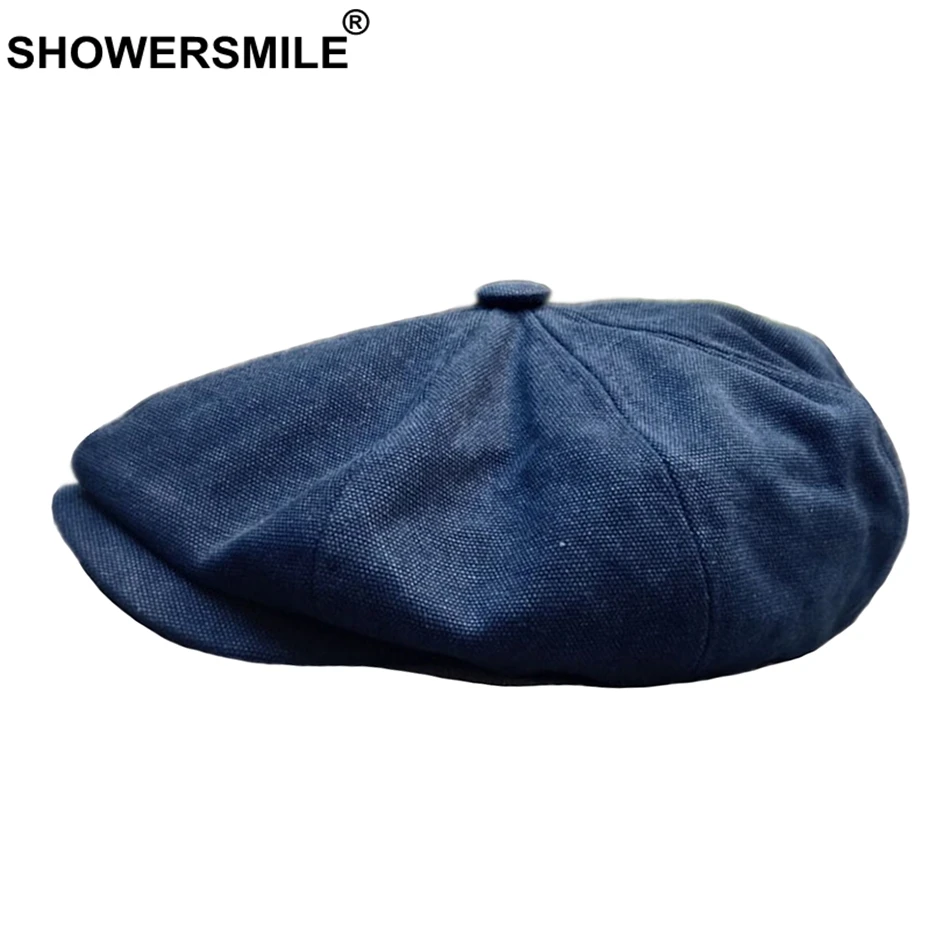

SHOWERSMILE Mens Newsboy Caps Cotton Spring Autumn Octagonal Hat Male High Quality Dark Blue Flat Cap Solid Vintage Painter Hat
