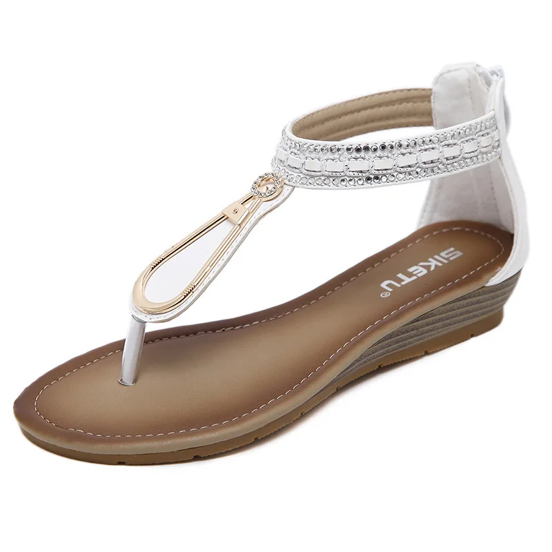 

Summer Flip Flops Women Bohemia Ethnic Sandals Thong Wedge Shoes Beach Low Heel Ankle Wrap Comfort Shoes Plus Size XWZ6073