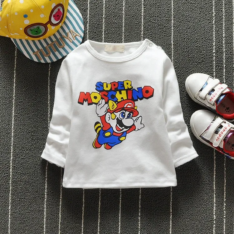 Baby Toddler Kids Cotton Lovely Character Print Boys Girls T-shirt Button on Shoulder O-neck Pink Tops G043