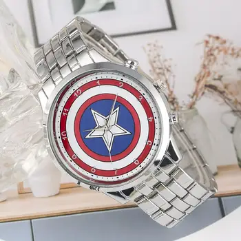 

Quartz Watches Men Stainless Steel Unique Captain America's shield Pattern Wristwatch Silver Men Timepieces Clock Male relojes