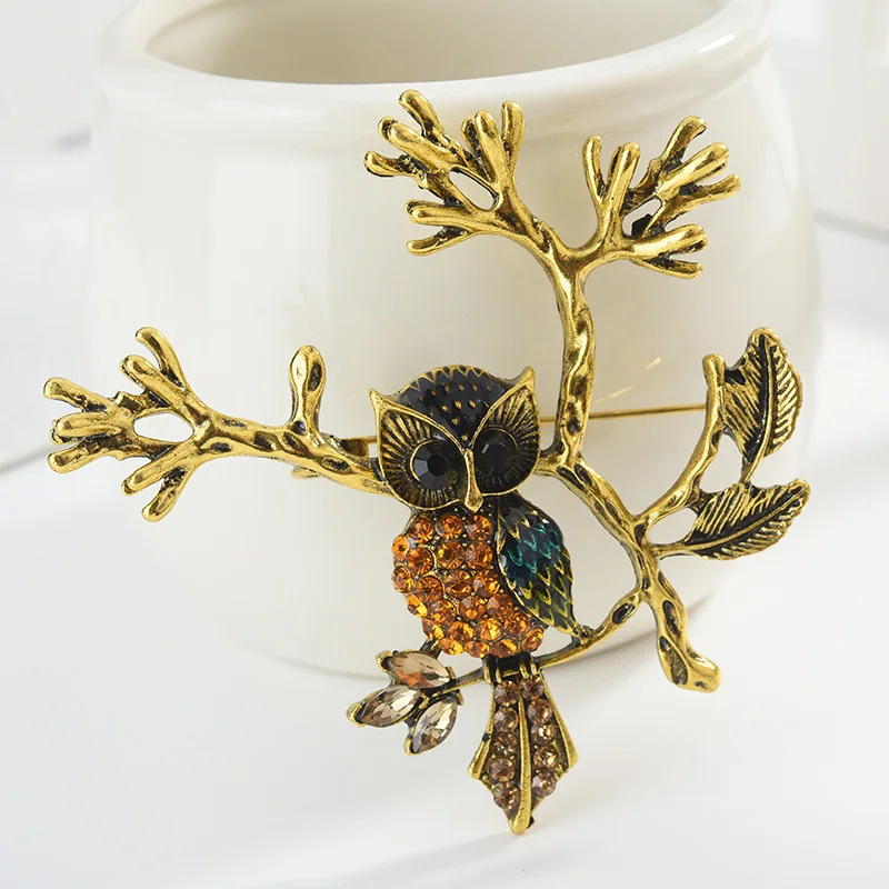 

Fashion Crystal Owl Branch Brooches Badge Vintage Animal Alloy Rhinestone Brooch Pins Accessories Jewelry for Women Men Kid Gift