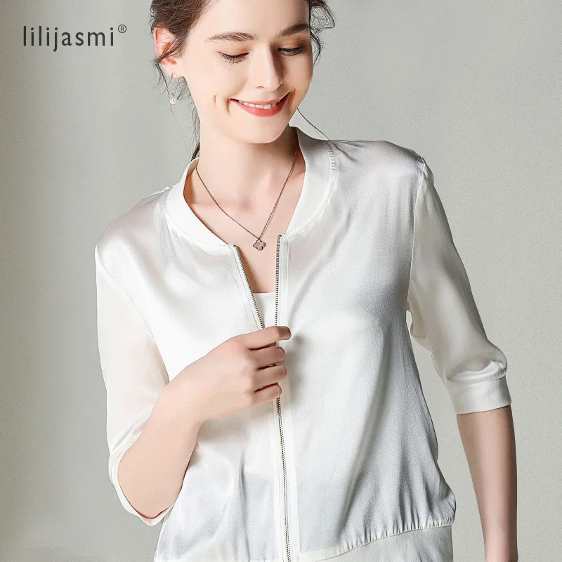 

Women O-neck Zip Thin Short Sleeve Silk Small Shirt Tops Ultra-thin Small Short Cardigan Crop Hollow Out Female 2019