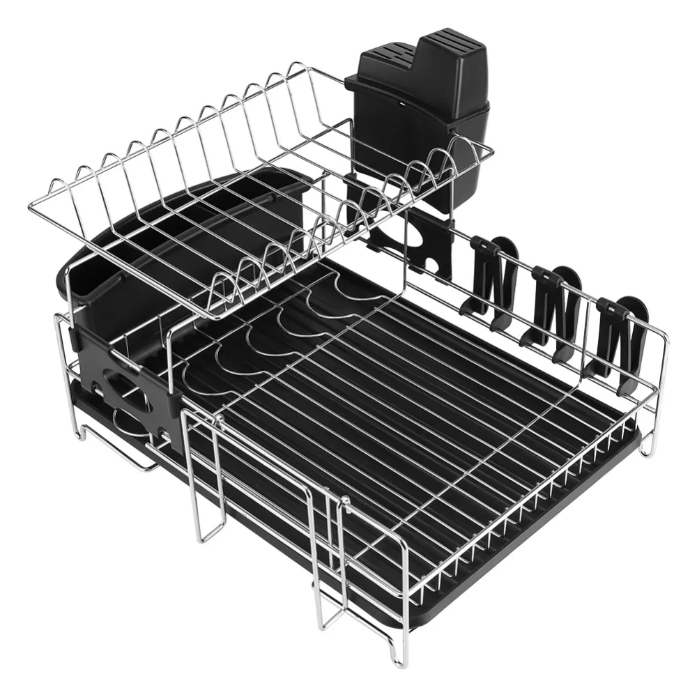 Нержавеющая сталь Кухня 2 уровня-сушилка для посуды крылом пластины чашки стока лоток хранения держатель инструмент аксессуар
