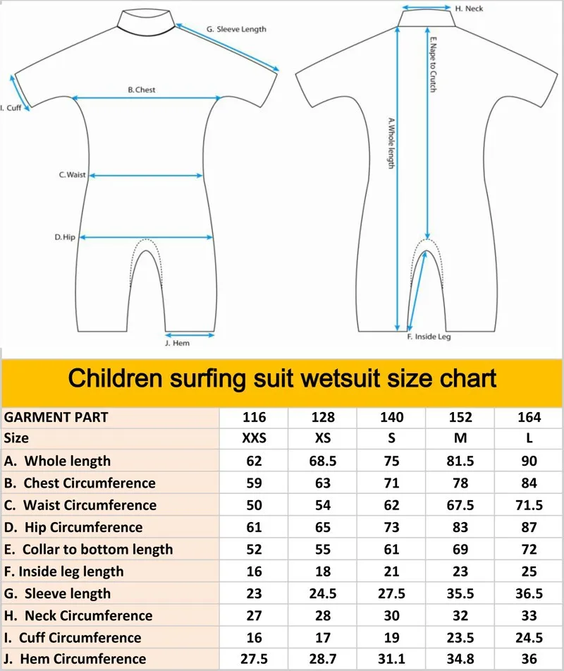 Children surf suit size chart140728