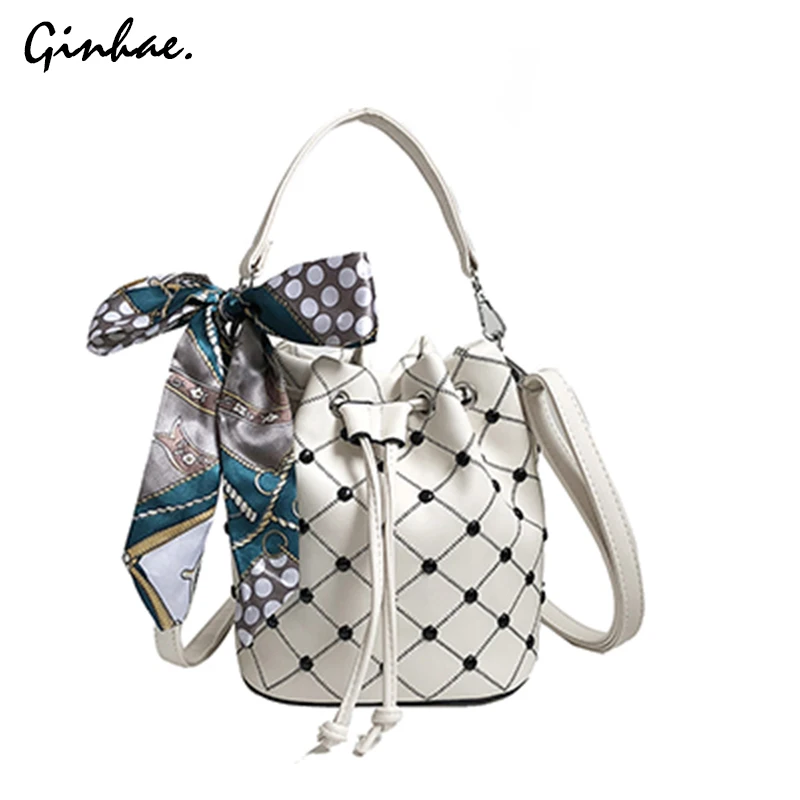 

Luxury Ladies Scarf Bow Small Bucket Bags Fashion Embroidery Dot Handbags For Woman PU Leather Rivet Messenger Crossbody Bags