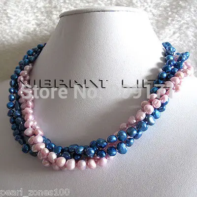 

FREE SHIPPING>@@>&>>18" 5-6mm 4Row Pink Blue Baroque Freshwater Pearl Necklace E Jewelry