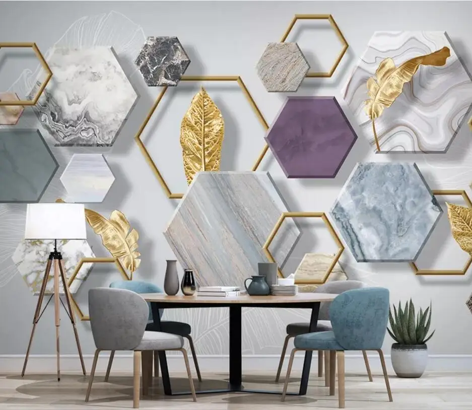 Пользовательские 3d обои фото фрески скандинавские минималистичные каменные геометрические Золотые листья ТВ фон стены гостиной росписи 3d обои