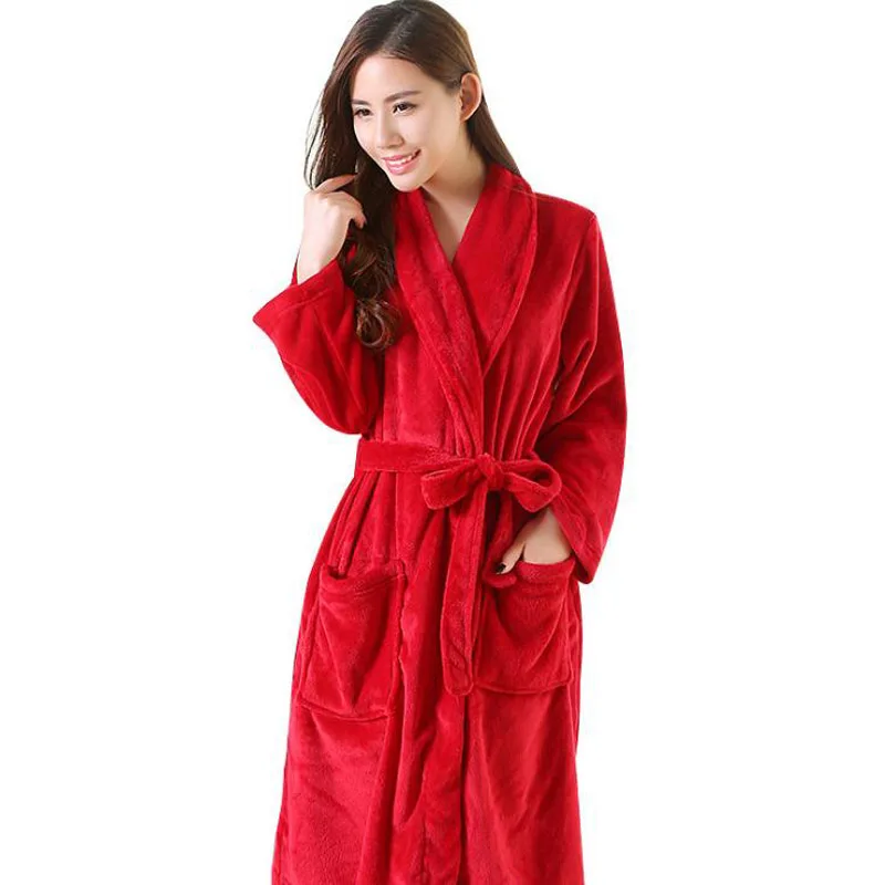100 Soft Red Flannel Warm Long Sleeve Bathrobe Women Lounge