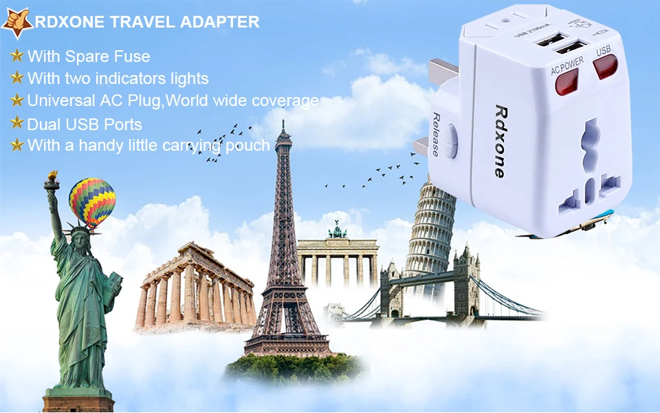 Rdxone Универсальный адаптер для путешествий AC адаптер питания настенные электрические вилки розетки конвертер для сотового телефона/ноутбука с запасным предохранителем