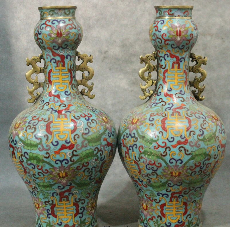 

USPS to USA S1768 15" Marked Chinese Bronze Gilt Cloisonne Longevity Unicorn Statue Pot Vase Pair B0401