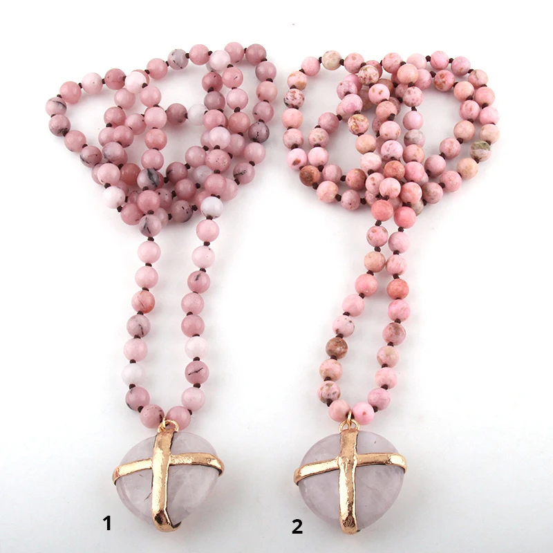 

MOODPC Fashion Bohemian Tribal Jewelry Pink Stones Long Knotted Heart Stone Pendant Necklaces Women Necklace Dropship