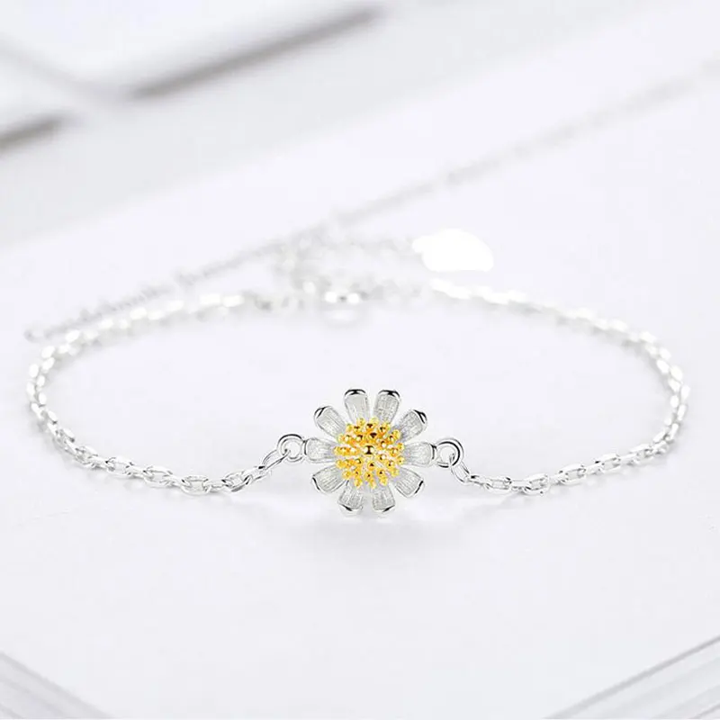 

anenjery Simple Elegant Sunflower Daisy Bracelets For Women 925 Sterling Silver Bracelet pulseira S-B146